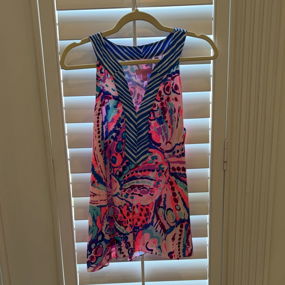Lilly Pulitzer Silk Sleeveless Printed V-Neck Women's Tank Top - Pink Blue